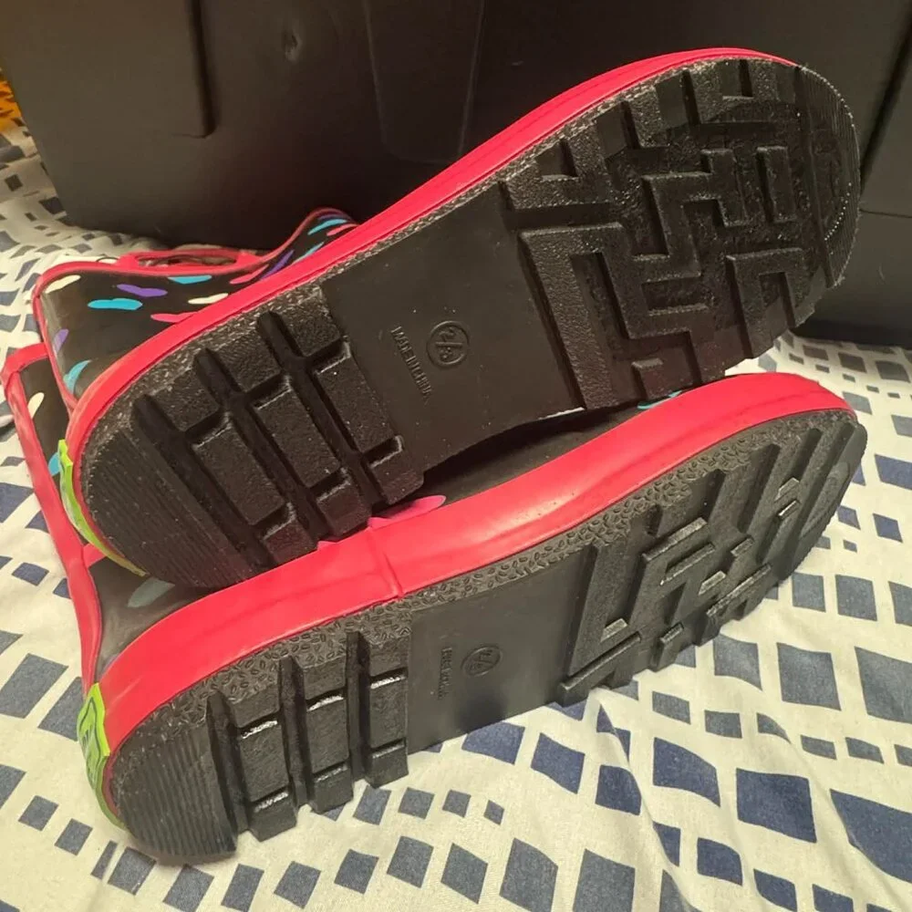 Toddler Heart Rain Boots Black Pink Waterproof Rubber Shoes Size 3